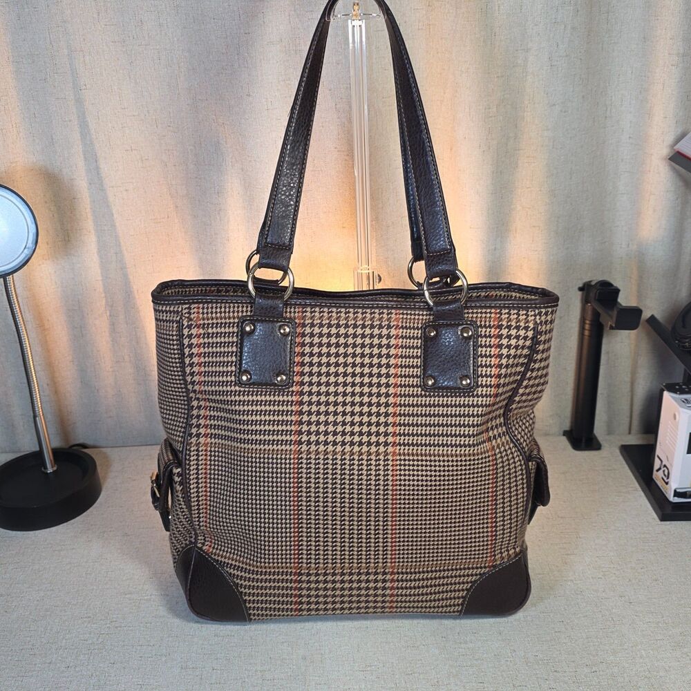 Chaps Equestrian Houndstooth Plaid Shoulder Tote Handbag Stirrup Charm Brown